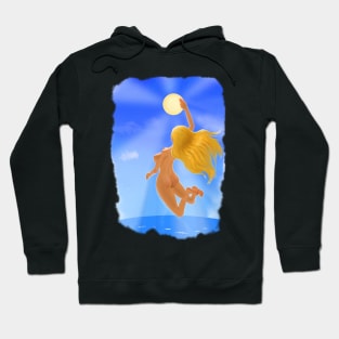 Nude naturism girl playing with sun on the beach Hoodie